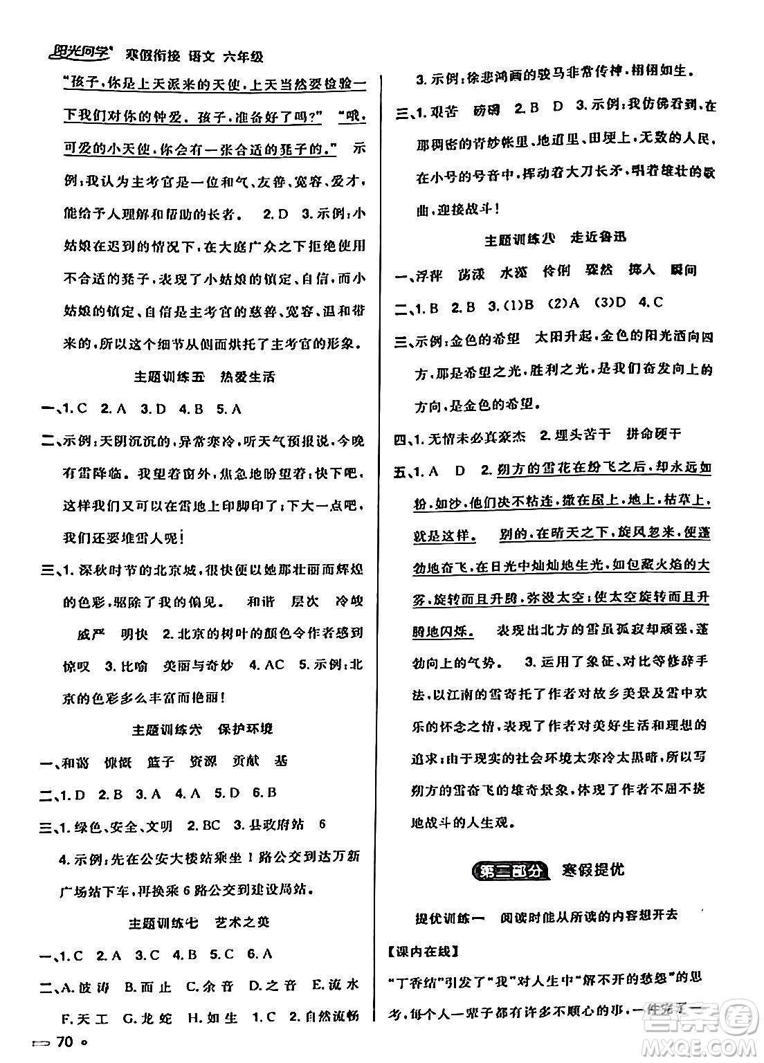 江西教育出版社2024陽光同學(xué)寒假銜接六年級(jí)語文通用版答案
