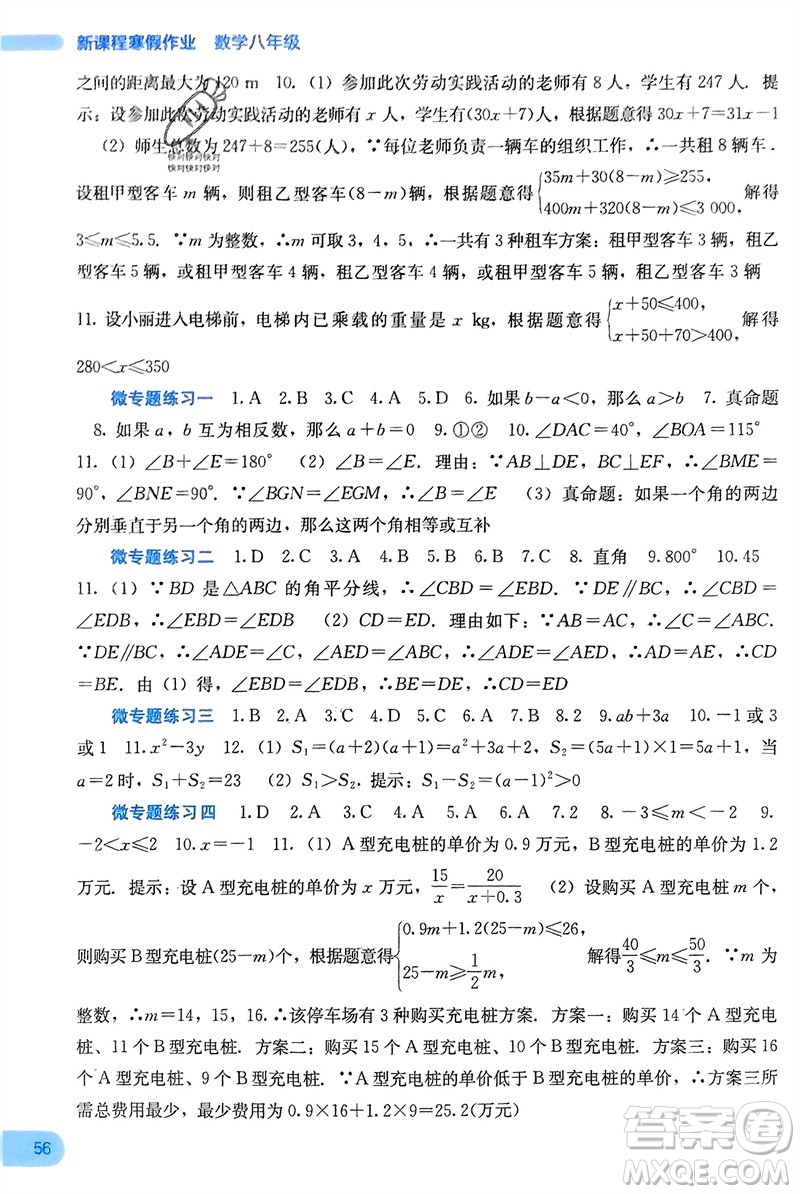 廣西教育出版社2024新課程寒假作業(yè)八年級數(shù)學通用版參考答案