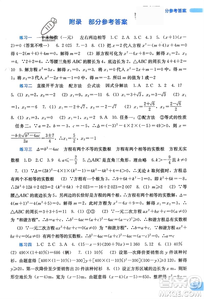 廣西教育出版社2024新課程寒假作業(yè)九年級數(shù)學通用版參考答案