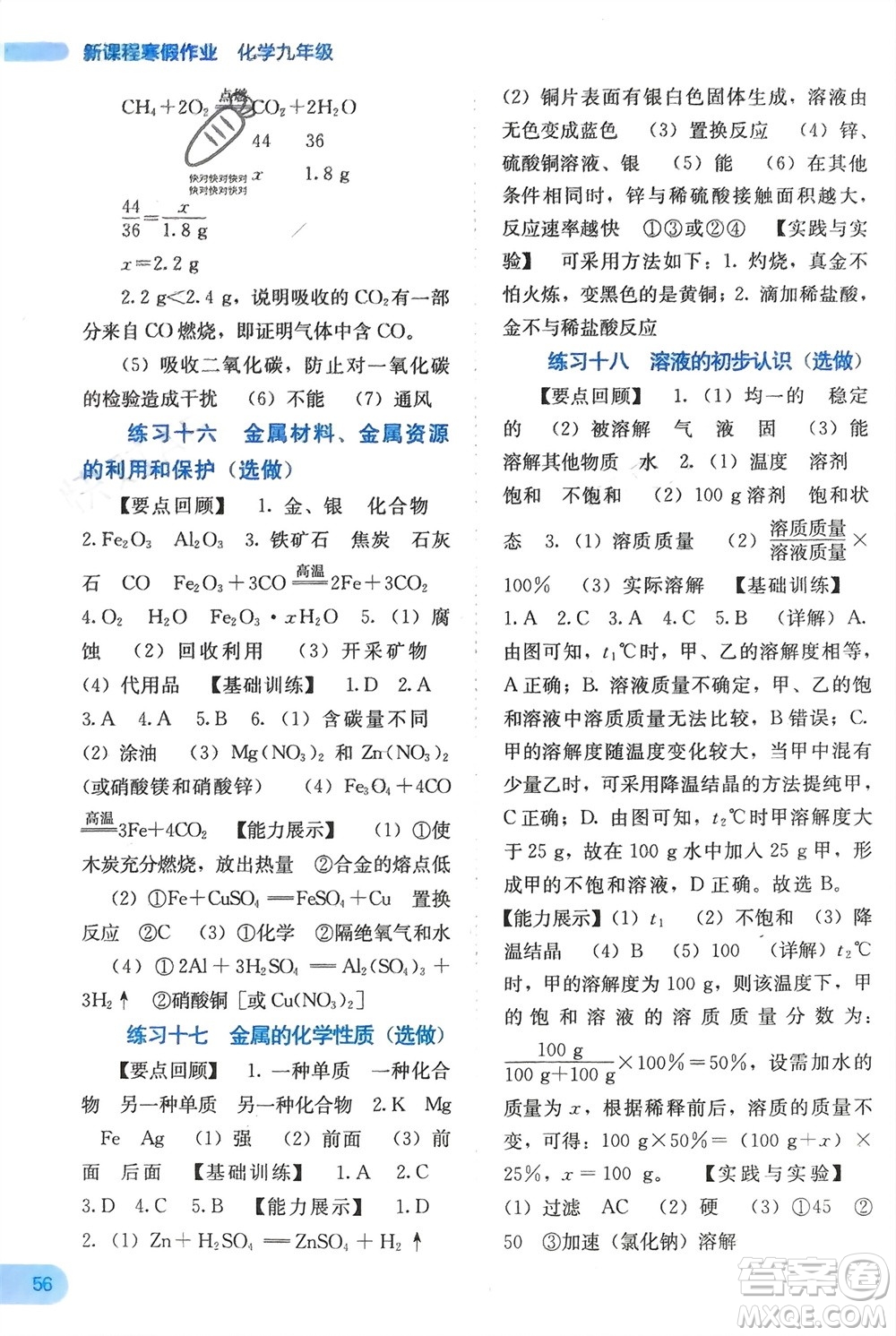 廣西教育出版社2024新課程寒假作業(yè)九年級化學(xué)通用版參考答案
