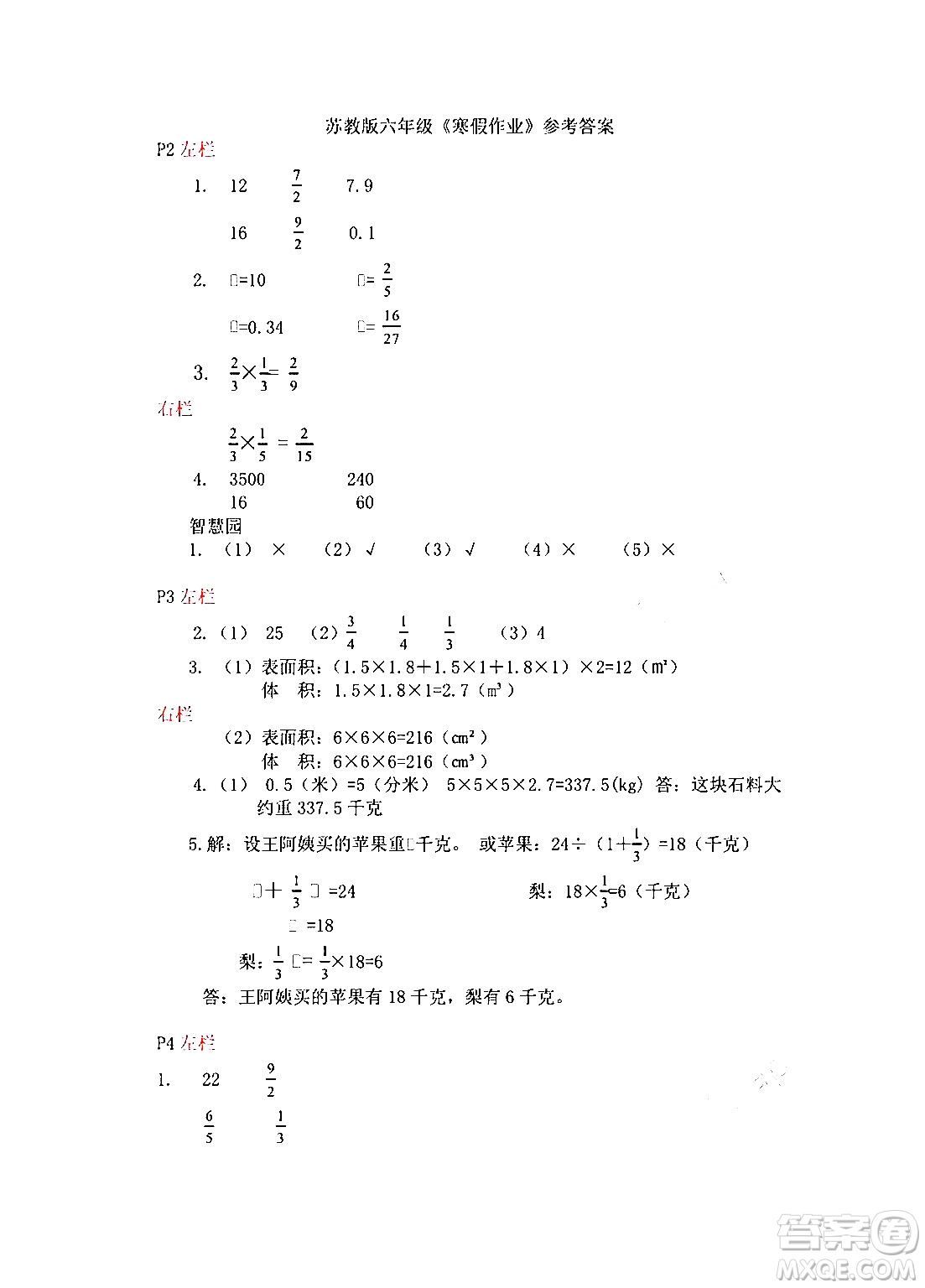 安徽少年兒童出版社2024寒假作業(yè)六年級(jí)數(shù)學(xué)蘇教版答案