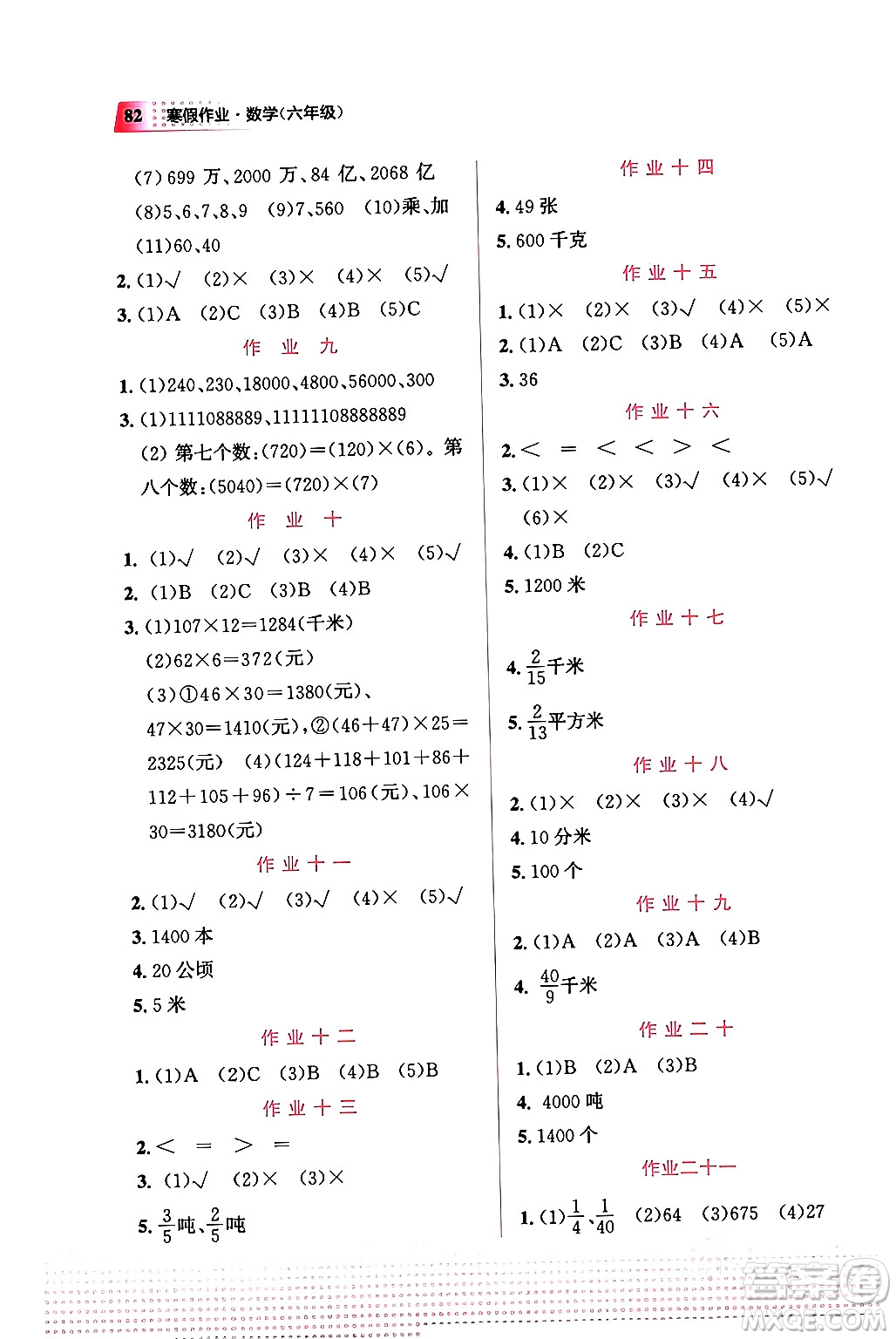 教育科學出版社2024寒假作業(yè)六年級數(shù)學通用版答案