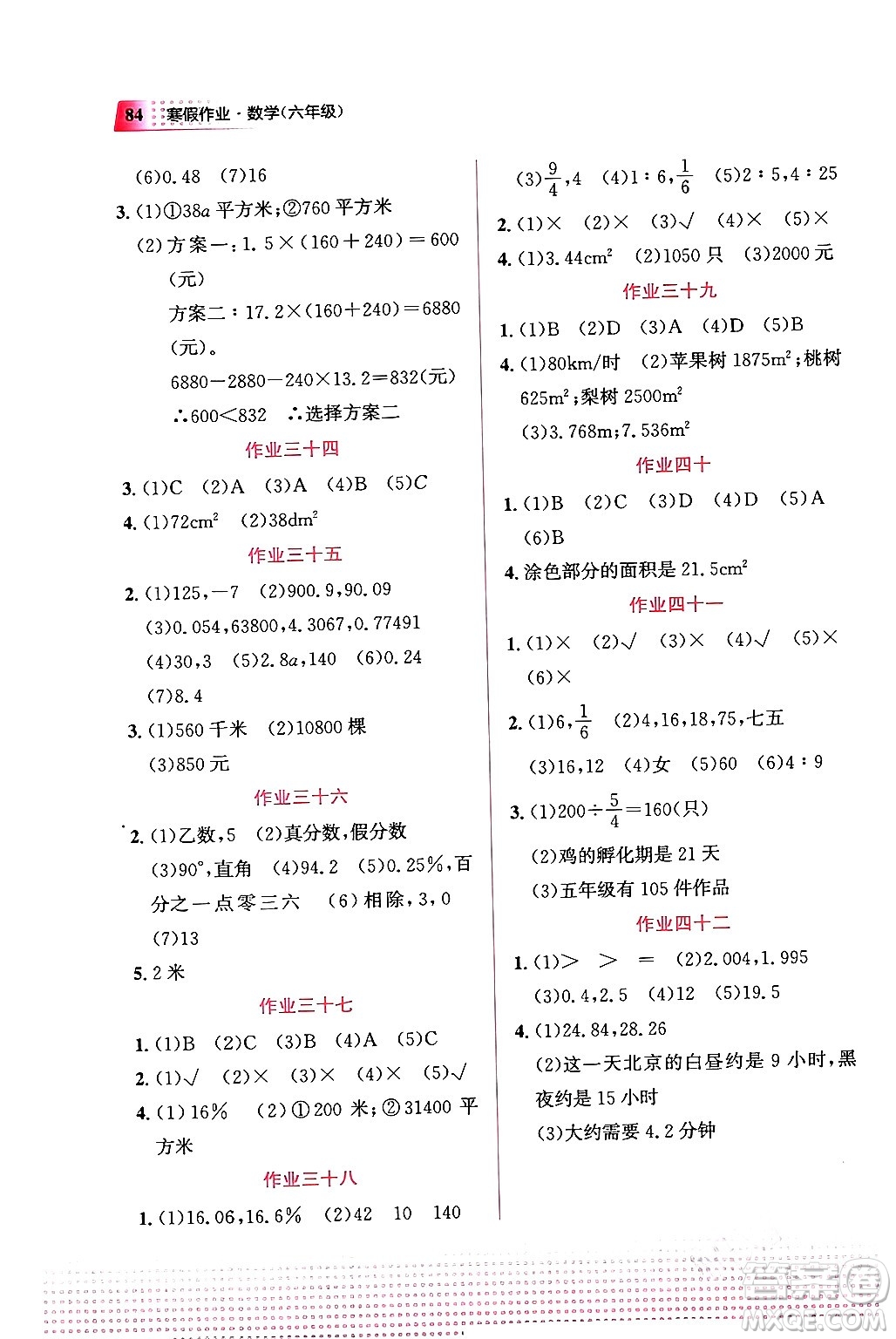 教育科學出版社2024寒假作業(yè)六年級數(shù)學通用版答案