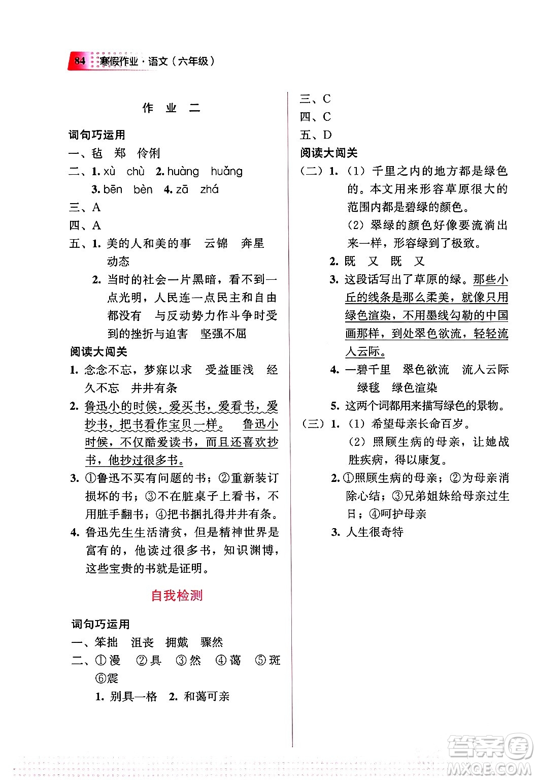 教育科學(xué)出版社2024寒假作業(yè)六年級(jí)語文通用版答案