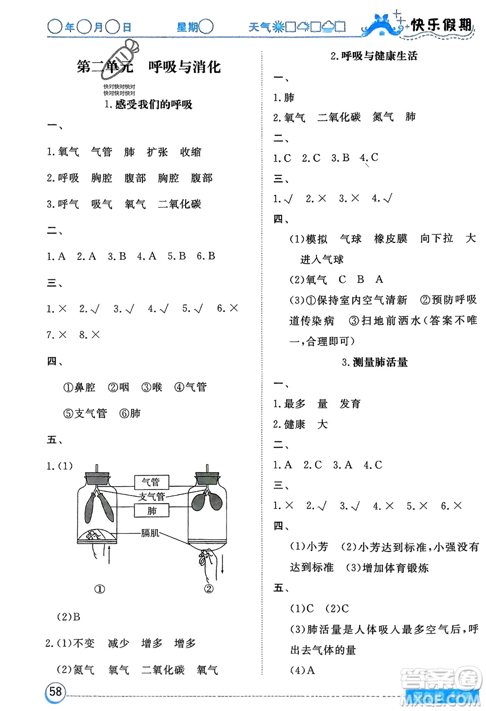 湖北教育出版社2024寒假作業(yè)四年級科學(xué)通用版參考答案