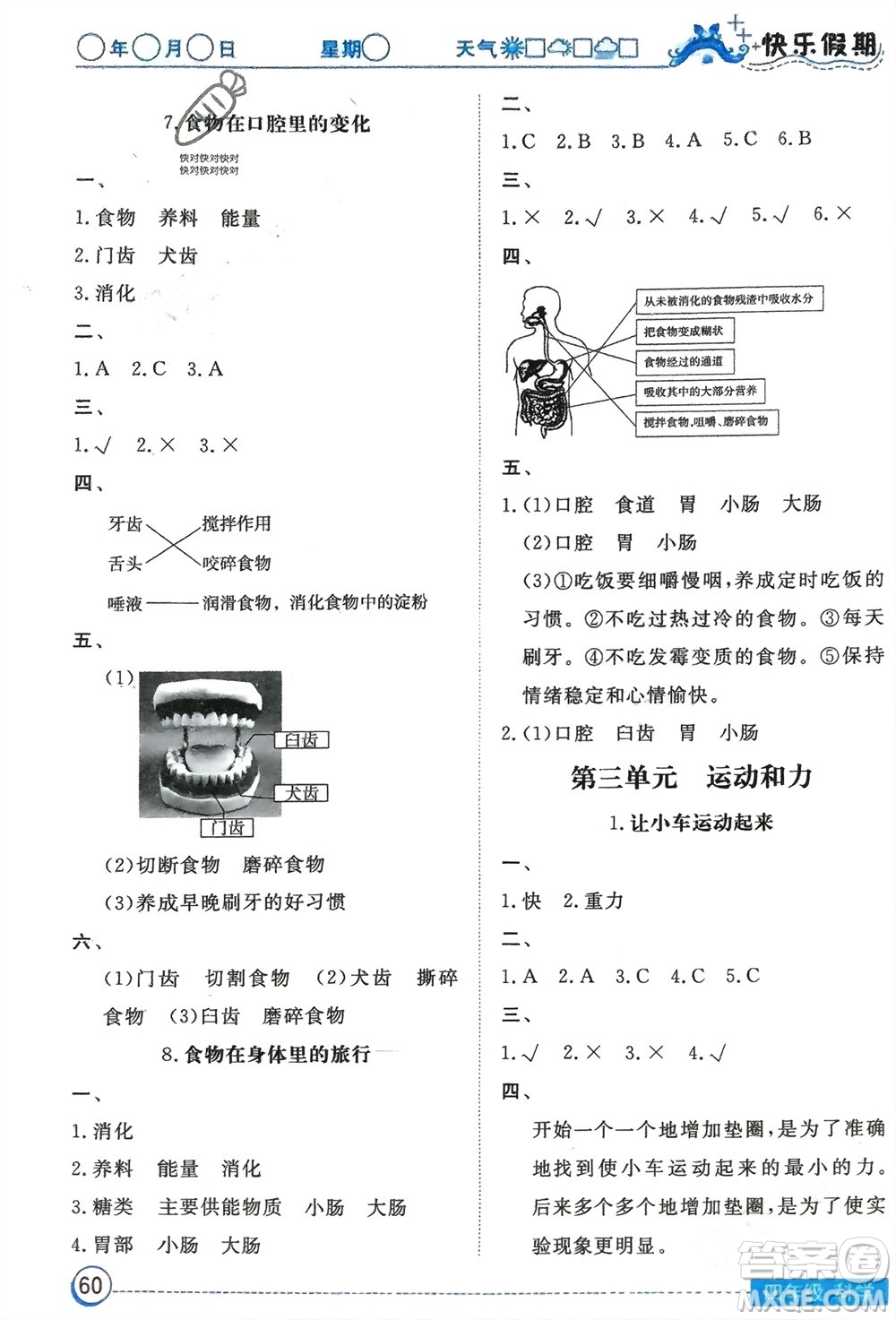 湖北教育出版社2024寒假作業(yè)四年級科學(xué)通用版參考答案
