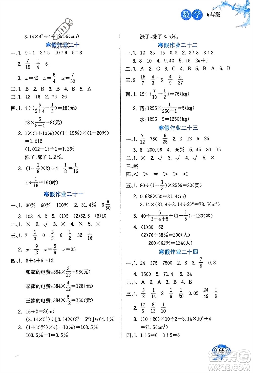 河北美術(shù)出版社2024卓遠寒假生活六年級數(shù)學(xué)通用版參考答案