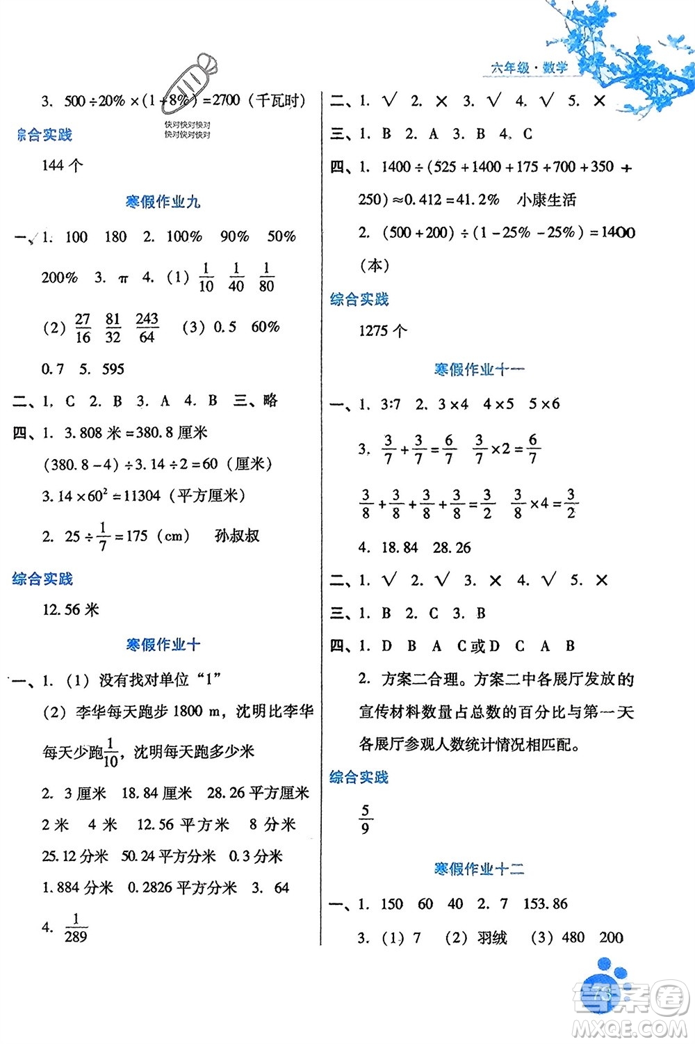 河北少年兒童出版社2024寒假生活六年級(jí)數(shù)學(xué)通用版參考答案