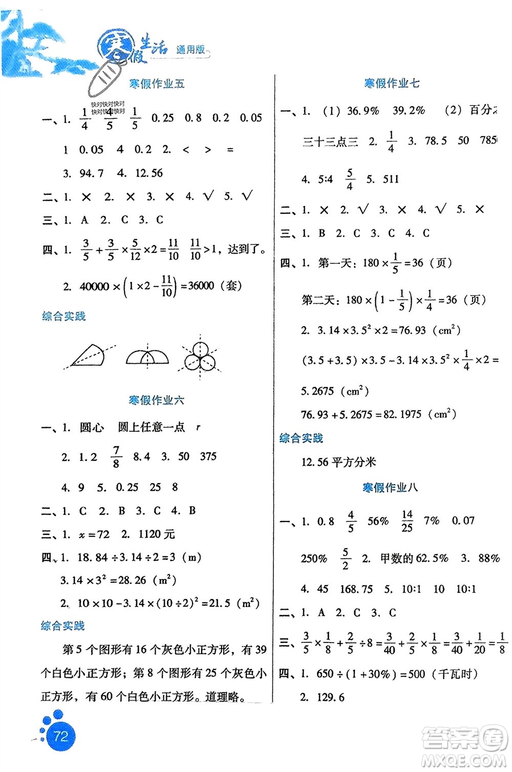河北少年兒童出版社2024寒假生活六年級(jí)數(shù)學(xué)通用版參考答案
