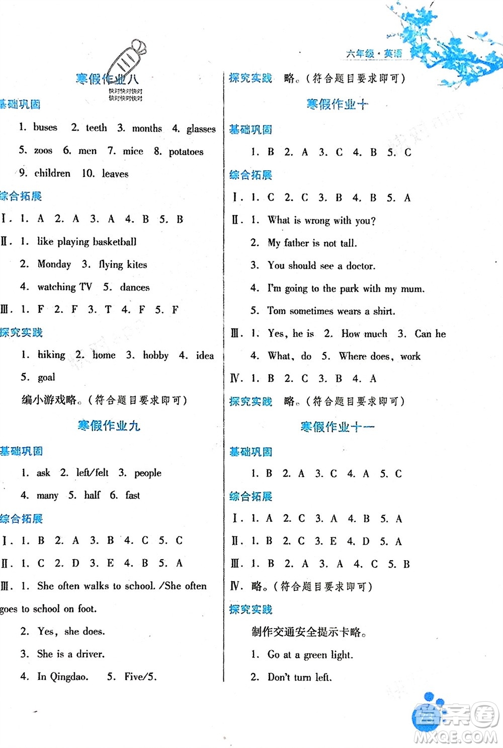 河北少年兒童出版社2024寒假生活六年級(jí)英語(yǔ)通用版參考答案