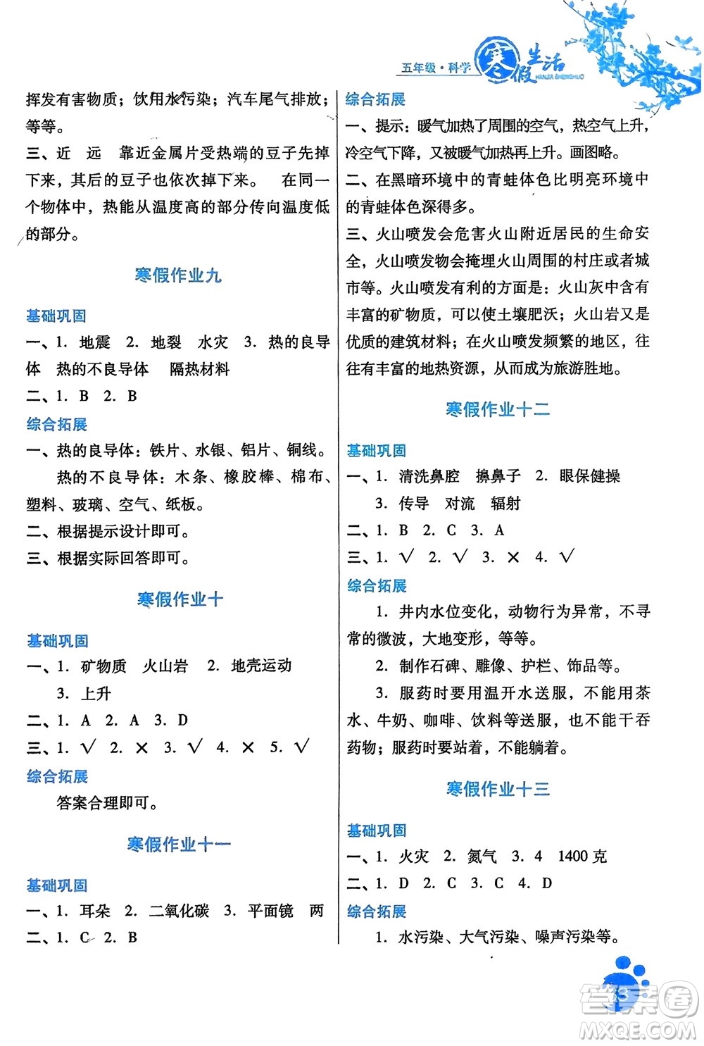 河北美術(shù)出版社2024寒假生活五年級科學冀人版參考答案