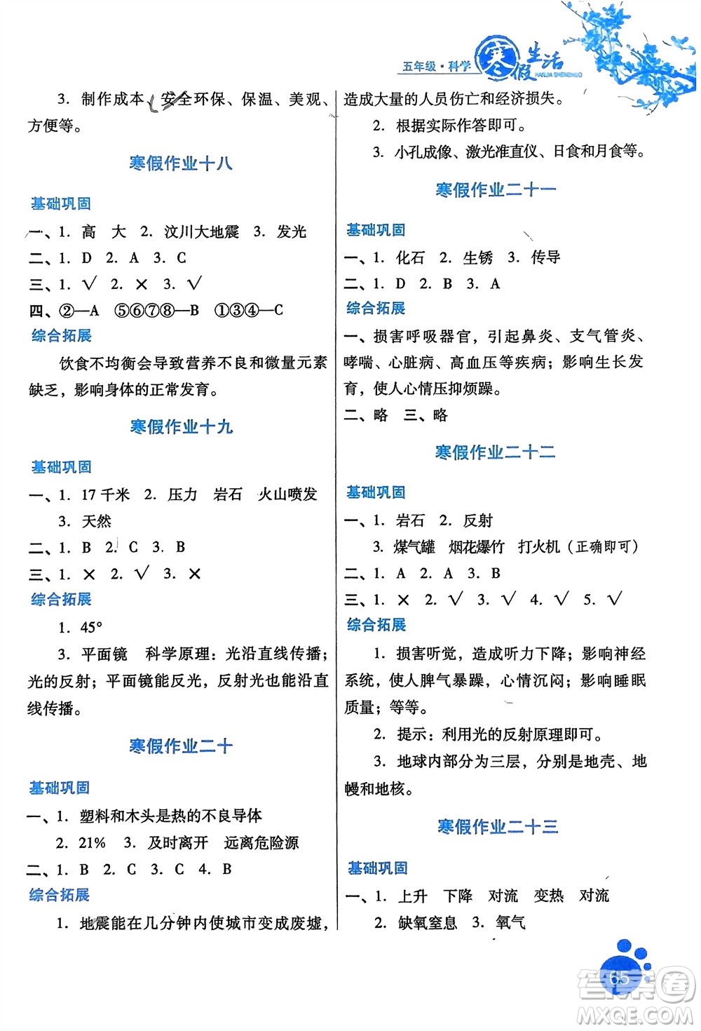 河北美術(shù)出版社2024寒假生活五年級科學冀人版參考答案