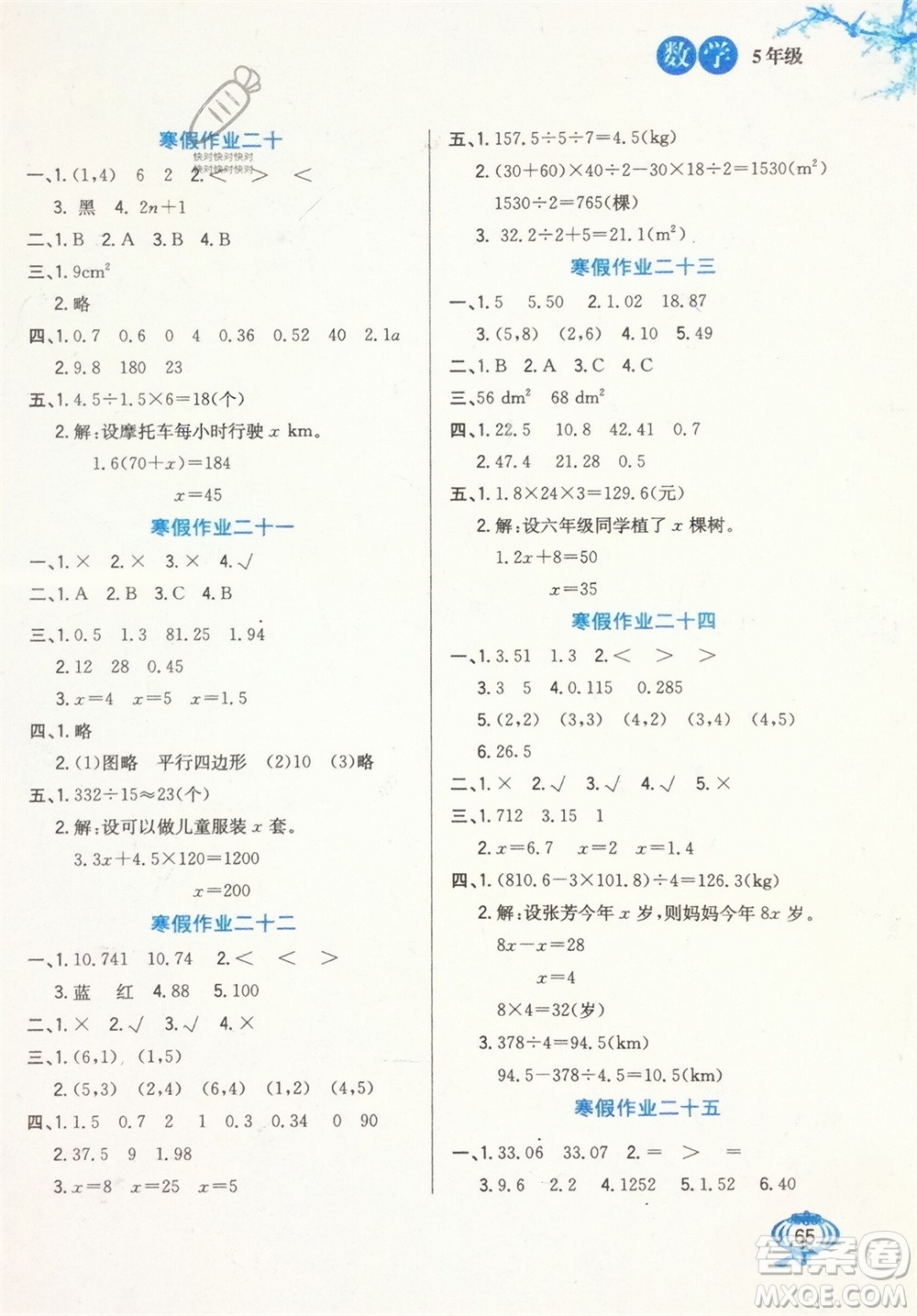 河北美術出版社2024卓遠寒假生活五年級數學通用版參考答案