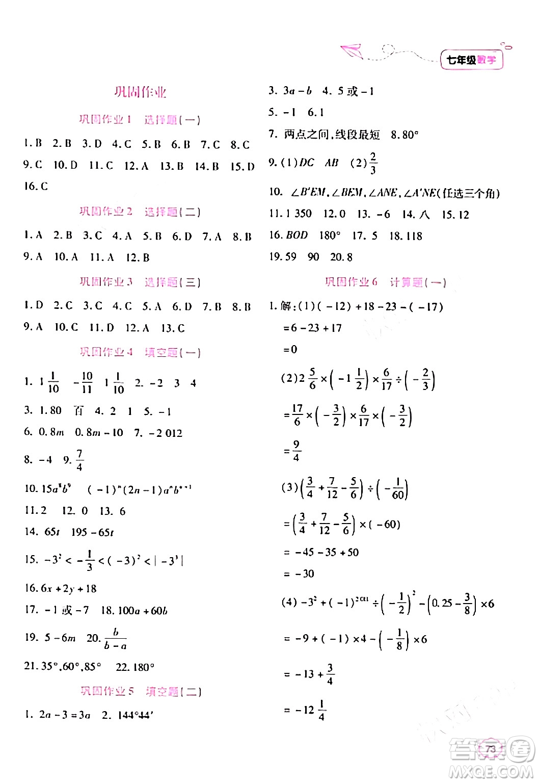 北京教育出版社2024新課標(biāo)寒假樂園七年級(jí)數(shù)學(xué)通用版答案