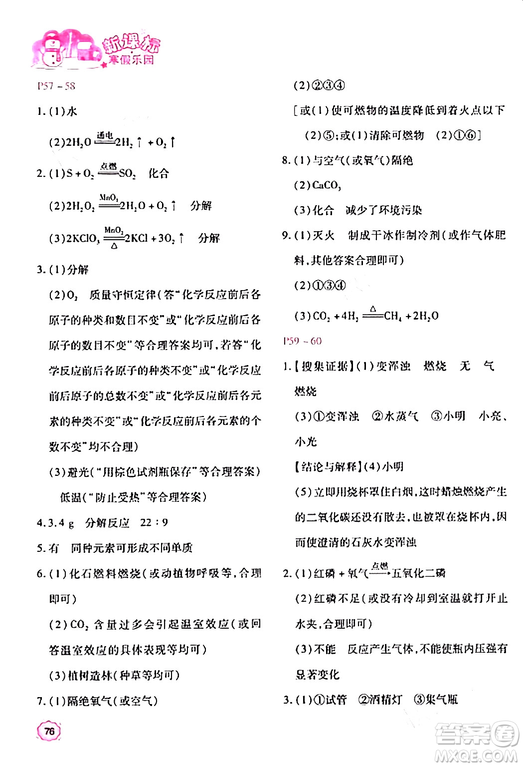北京教育出版社2024新課標(biāo)寒假樂園九年級(jí)化學(xué)課標(biāo)版答案