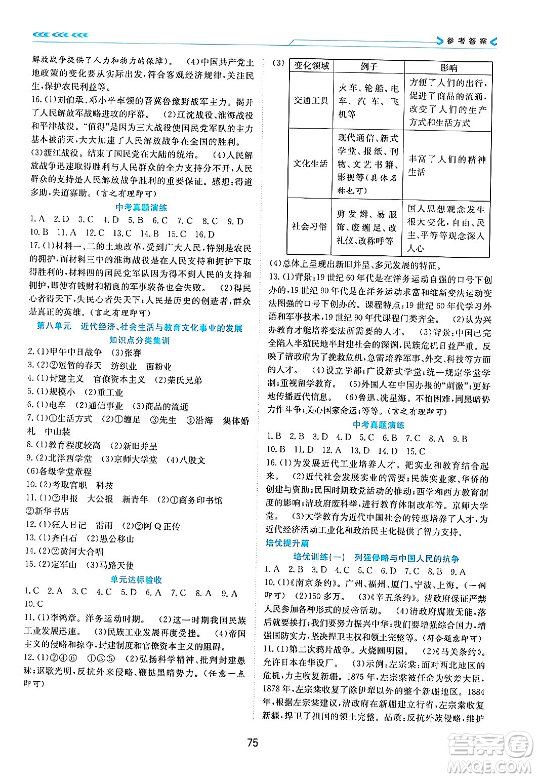 南方出版社2024萬卷圖書假期面對面寒假八年級歷史通用版答案