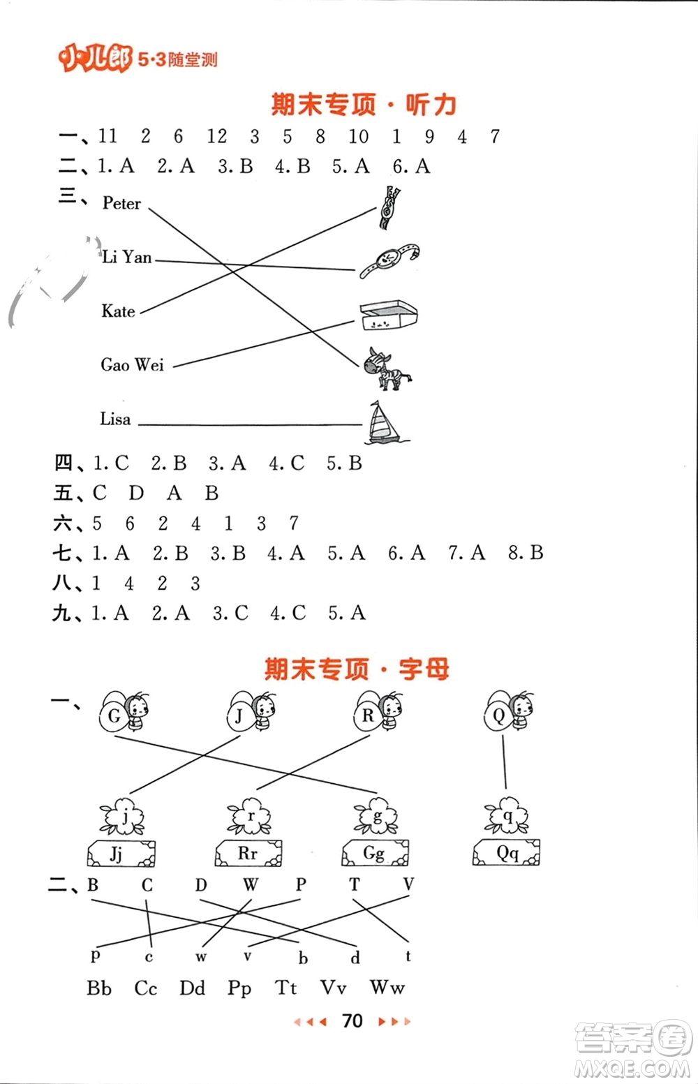 教育科學出版社2024年春53隨堂測三年級英語下冊精通版參考答案