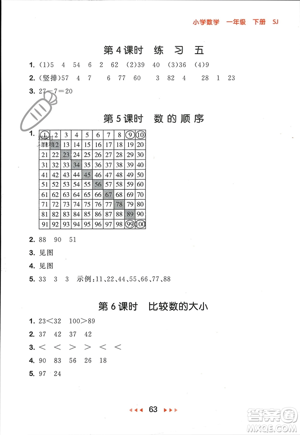 首都師范大學(xué)出版社2024年春53隨堂測(cè)一年級(jí)數(shù)學(xué)下冊(cè)蘇教版參考答案
