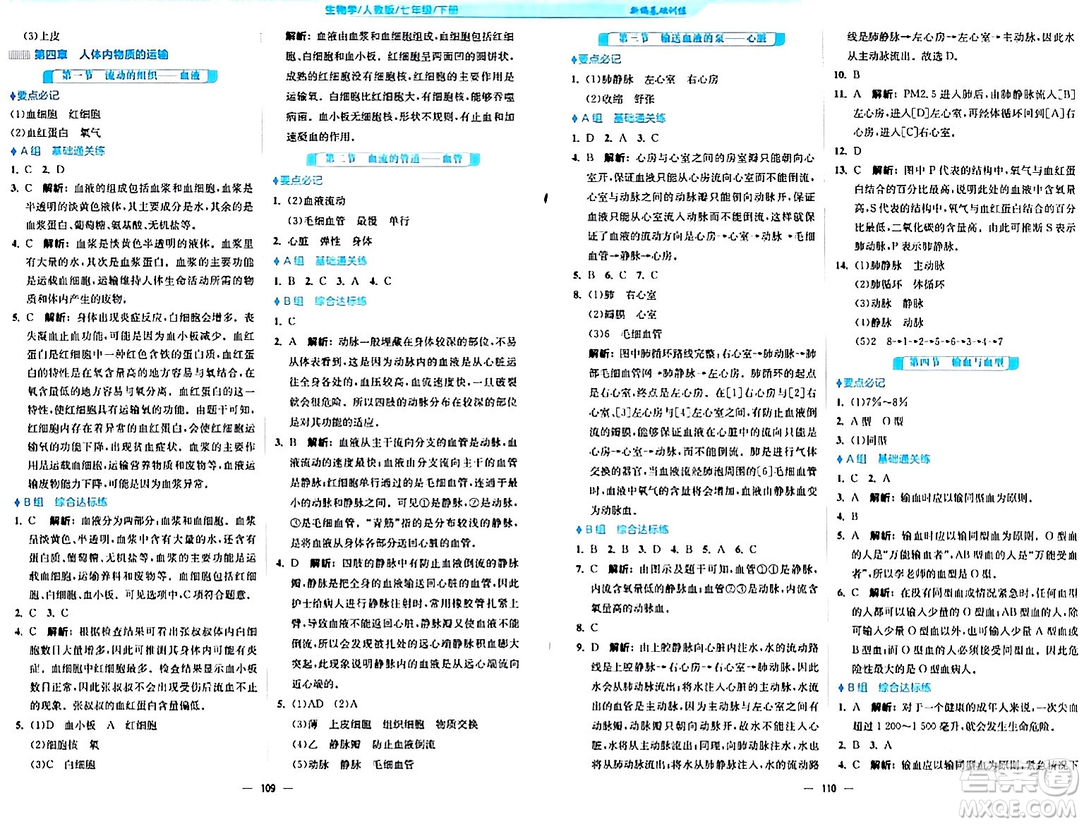安徽教育出版社2024年春新編基礎(chǔ)訓(xùn)練七年級(jí)生物下冊(cè)人教版安徽專版答案