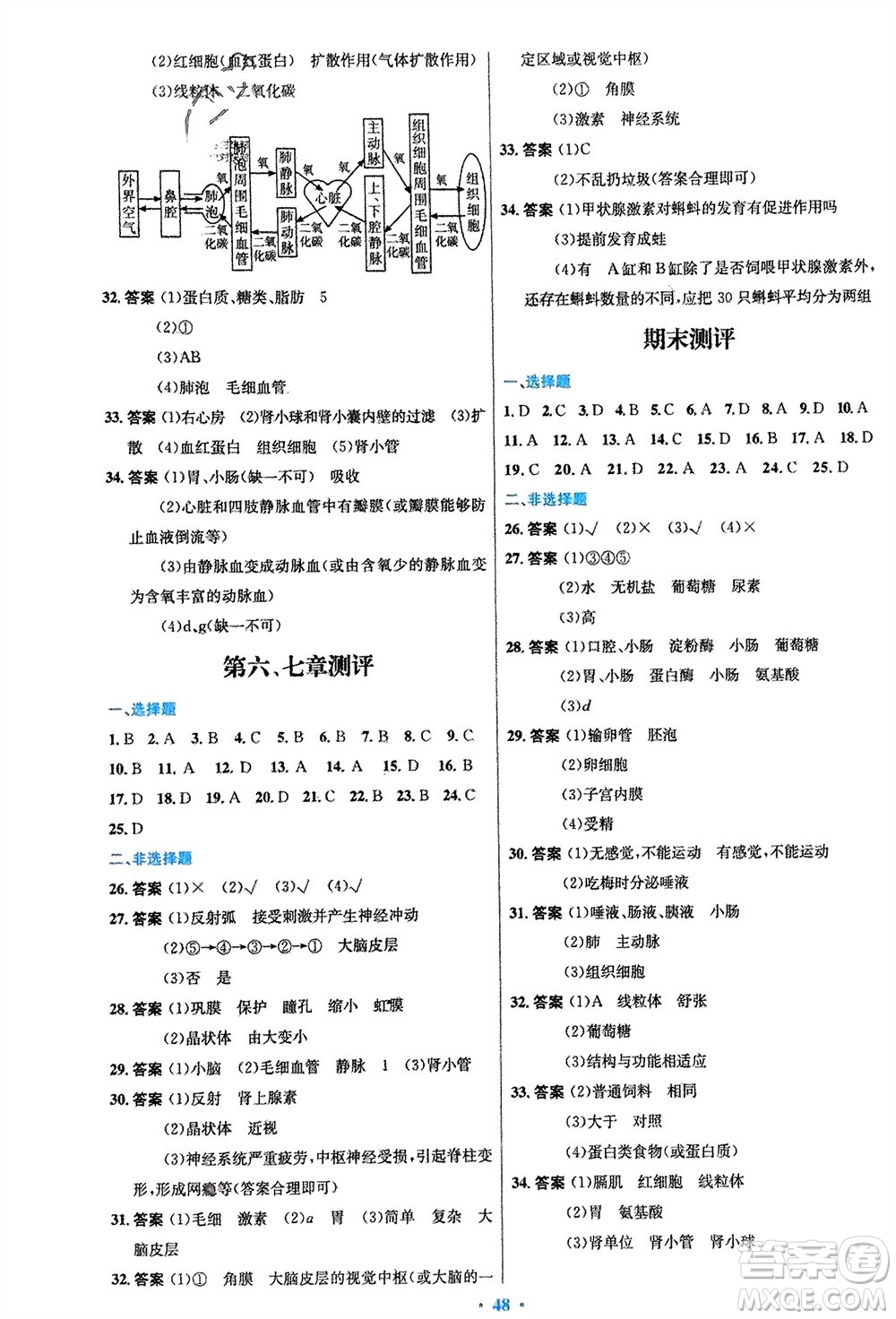 人民教育出版社2024年春初中同步測(cè)控優(yōu)化設(shè)計(jì)七年級(jí)生物下冊(cè)人教版福建專版參考答案