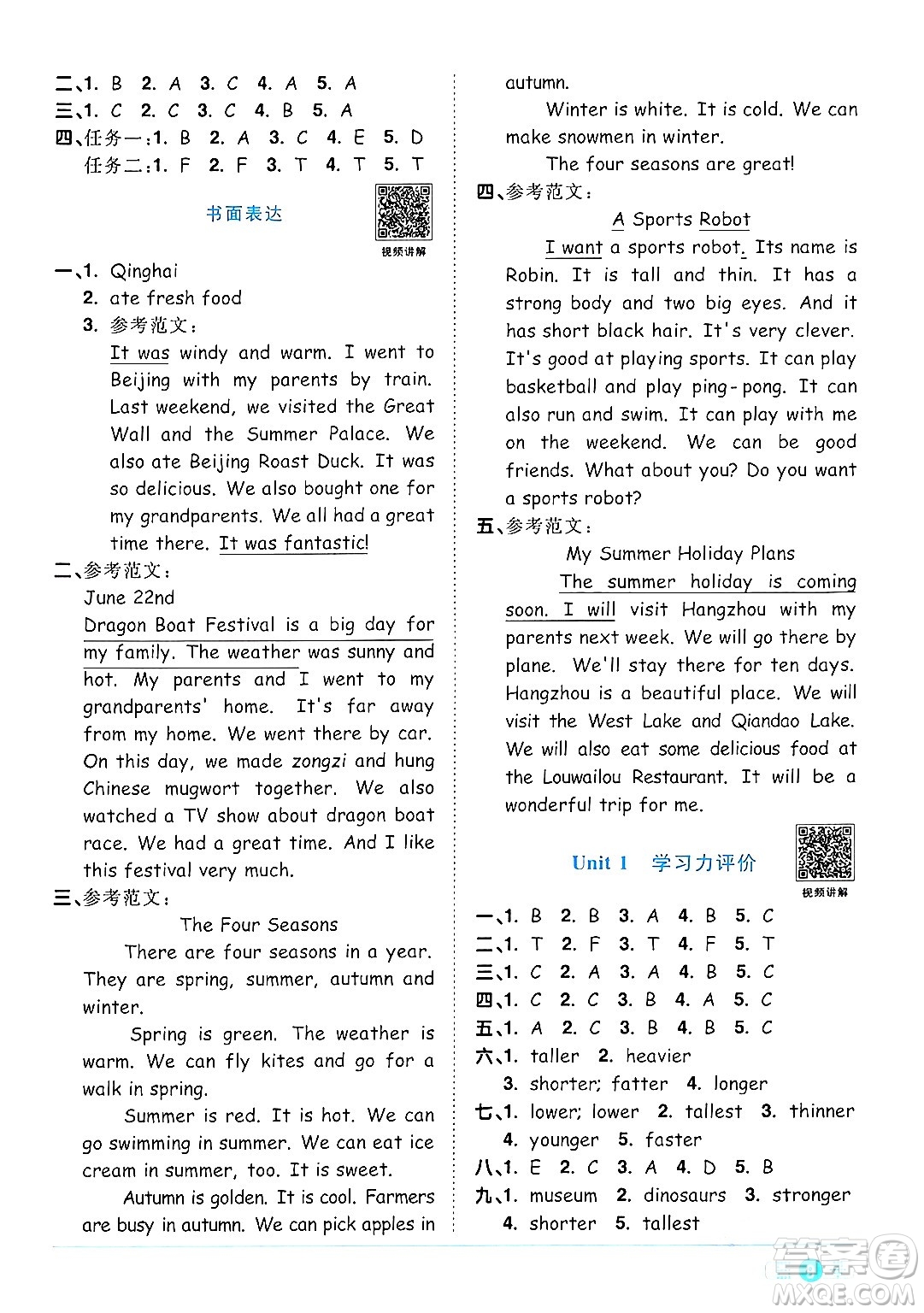 江西教育出版社2024年春陽光同學(xué)課時優(yōu)化作業(yè)六年級英語下冊人教版答案