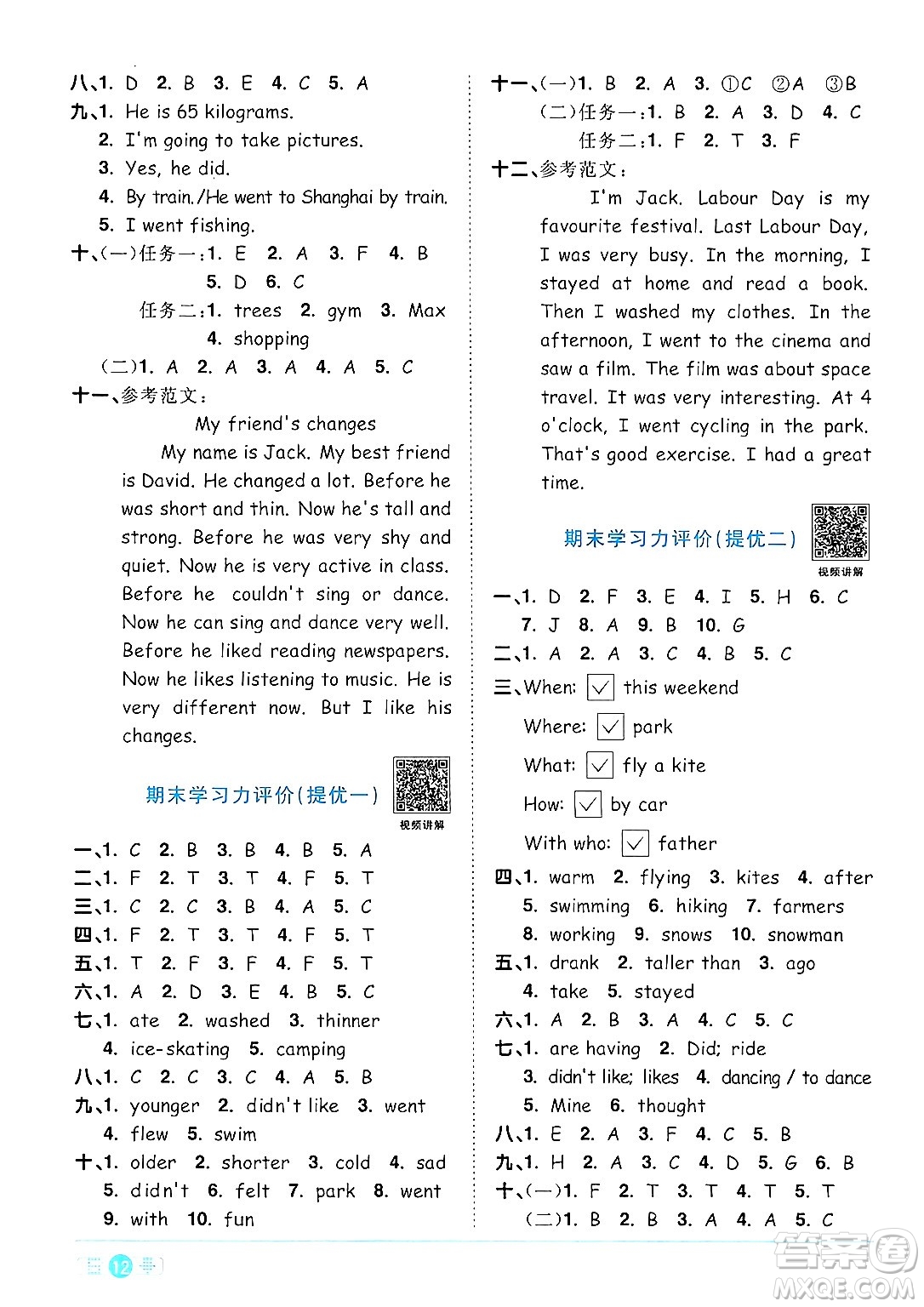江西教育出版社2024年春陽光同學(xué)課時優(yōu)化作業(yè)六年級英語下冊人教版答案