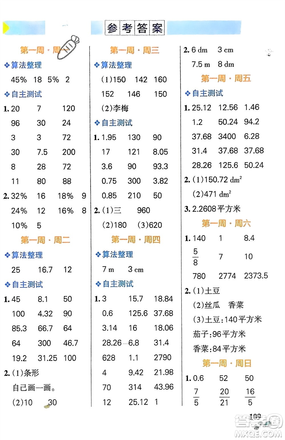 遼寧教育出版社2024年春小學(xué)學(xué)霸天天計(jì)算六年級(jí)數(shù)學(xué)下冊(cè)蘇教版參考答案