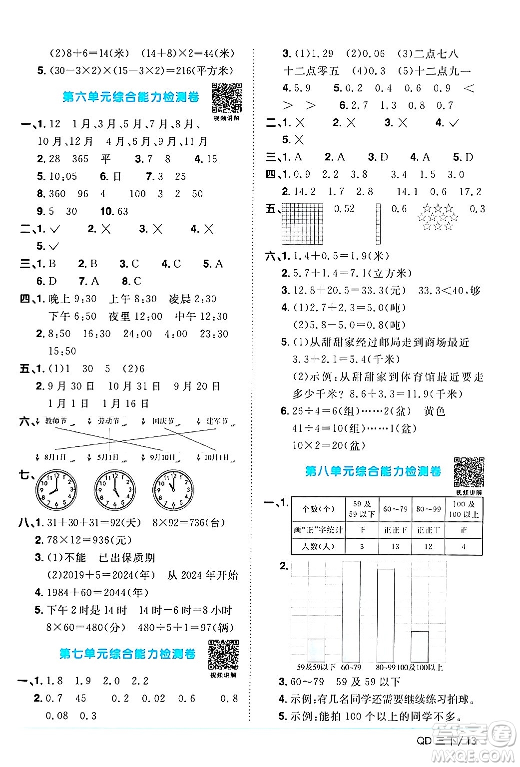 江西教育出版社2024年春陽(yáng)光同學(xué)課時(shí)優(yōu)化作業(yè)三年級(jí)數(shù)學(xué)下冊(cè)青島版山東專版答案