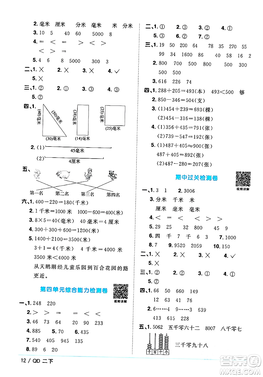 江西教育出版社2024年春陽光同學課時優(yōu)化作業(yè)二年級數(shù)學下冊青島版答案
