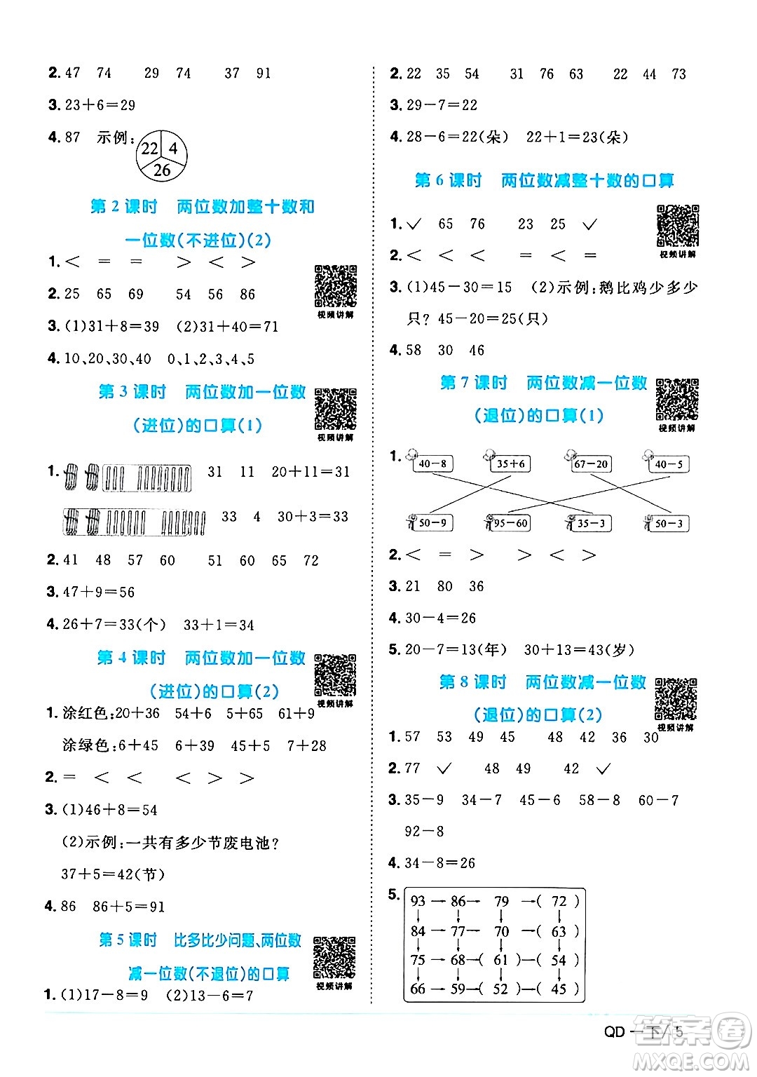 江西教育出版社2024年春陽光同學課時優(yōu)化作業(yè)一年級數(shù)學下冊青島版答案