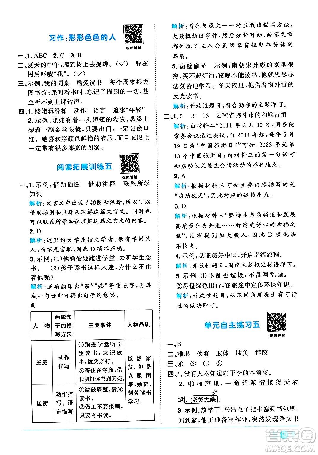 江西教育出版社2024年春陽光同學(xué)課時(shí)優(yōu)化作業(yè)五年級語文下冊人教版廣東專版答案