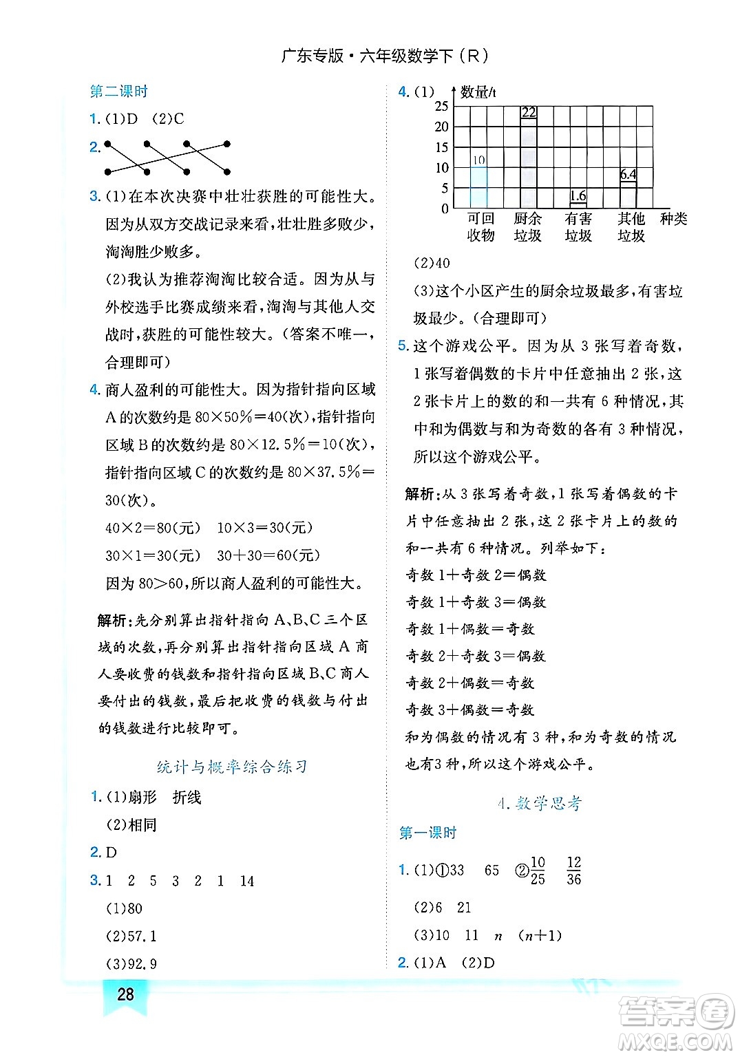 龍門書局2024年春黃岡小狀元作業(yè)本六年級數(shù)學下冊人教版廣東專版答案