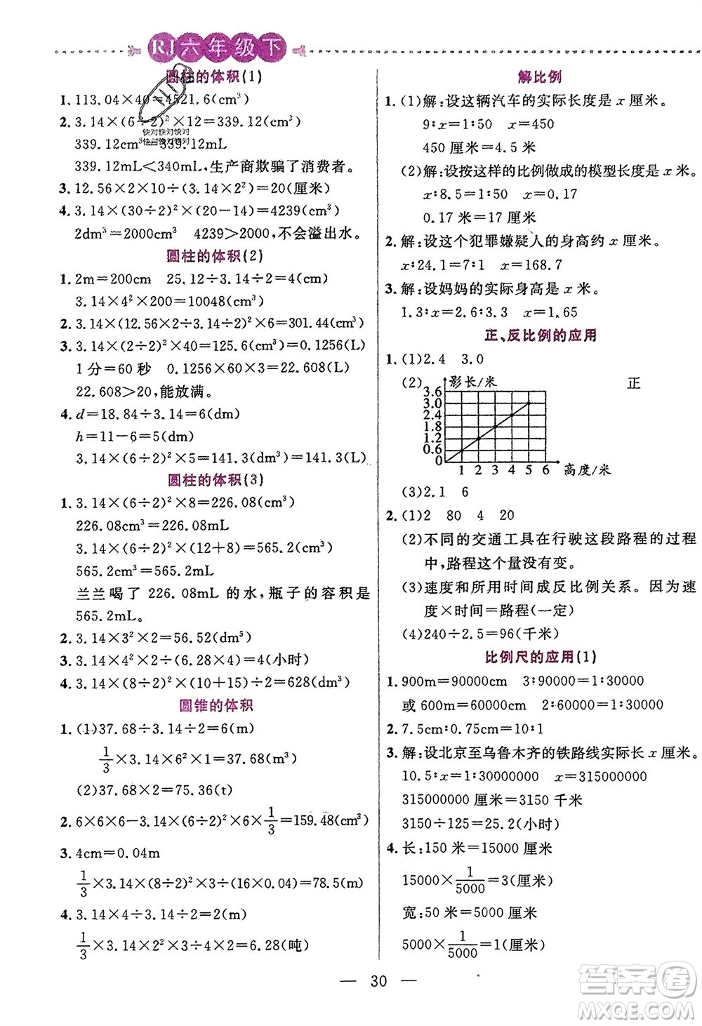 陽光出版社2024年春揚(yáng)帆文化星級口算天天練六年級數(shù)學(xué)下冊人教版參考答案