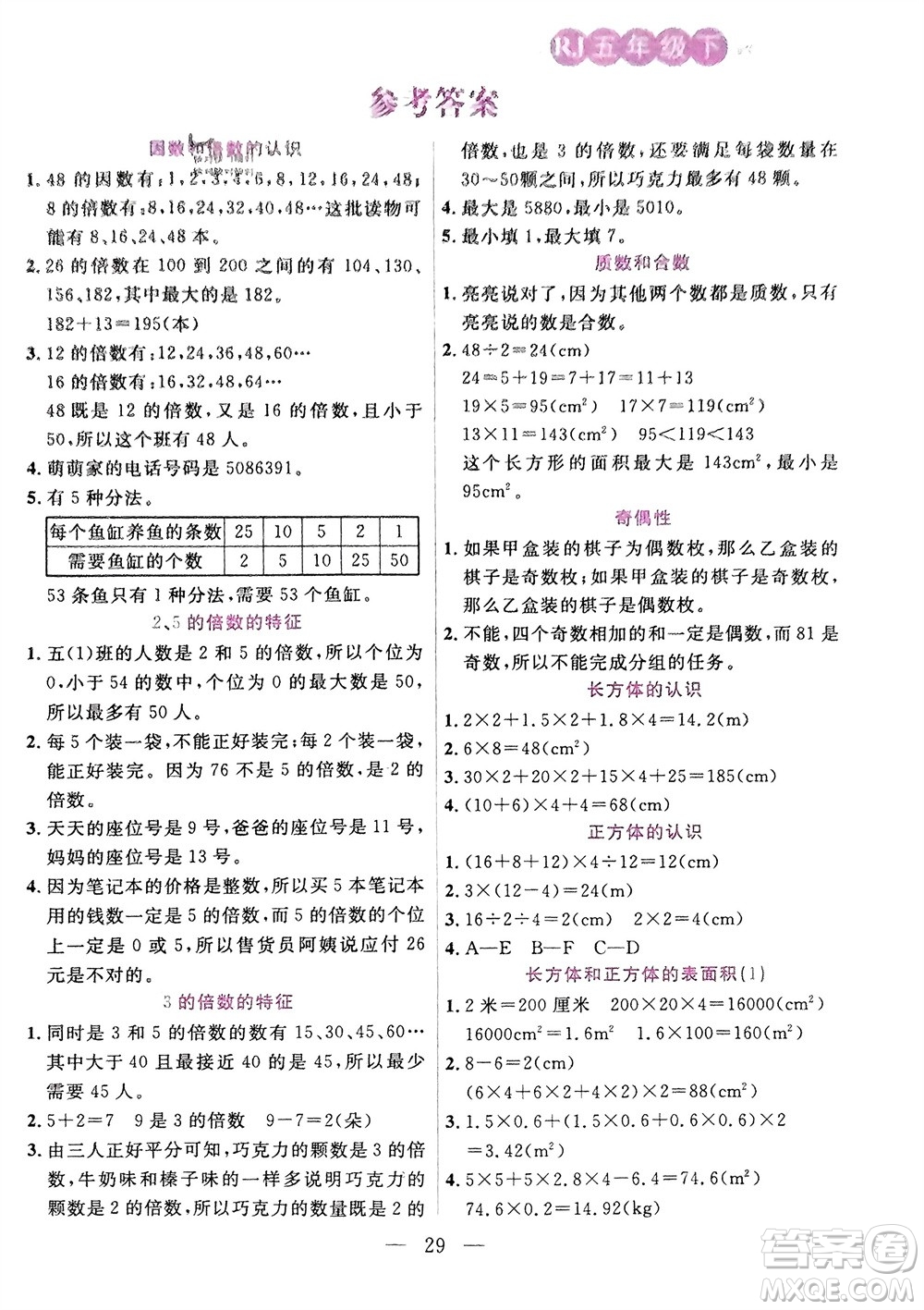 陽光出版社2024年春揚帆文化星級口算天天練五年級數(shù)學(xué)下冊人教版參考答案