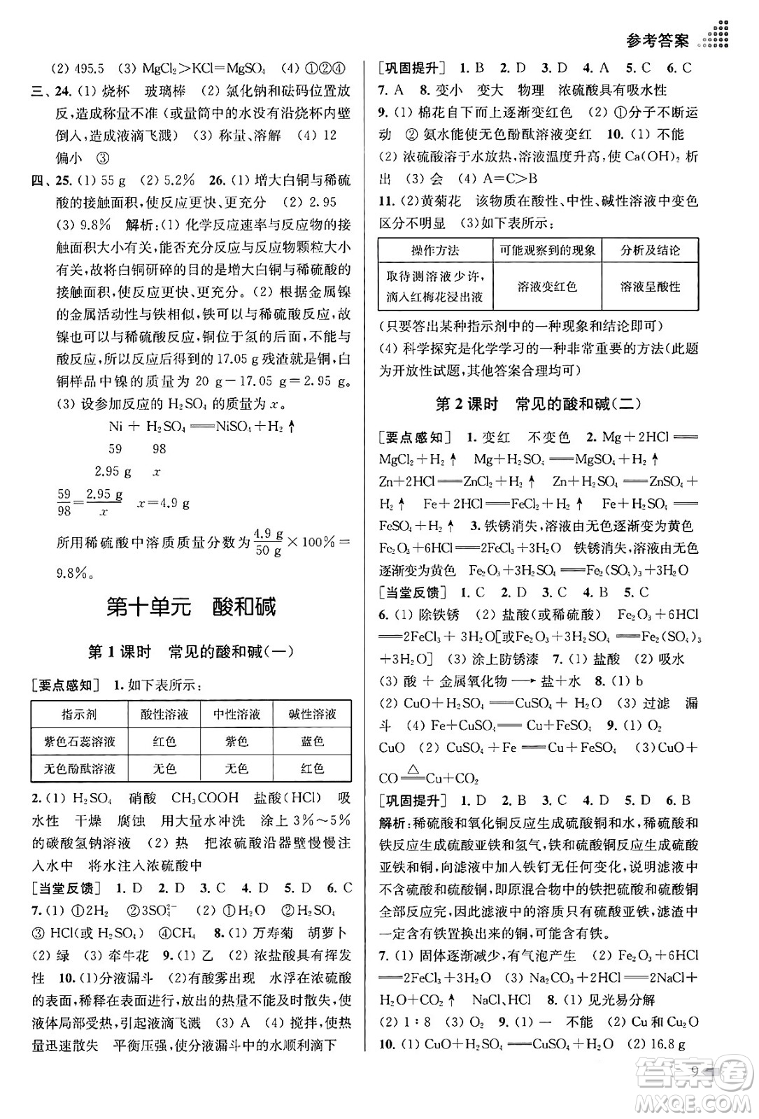 江蘇鳳凰美術出版社2024年春創(chuàng)新課時作業(yè)本九年級化學下冊全國版答案