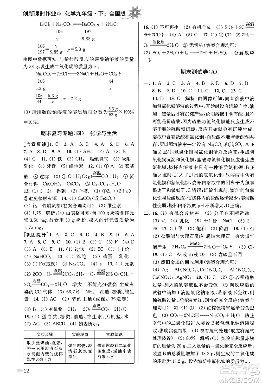 江蘇鳳凰美術出版社2024年春創(chuàng)新課時作業(yè)本九年級化學下冊全國版答案