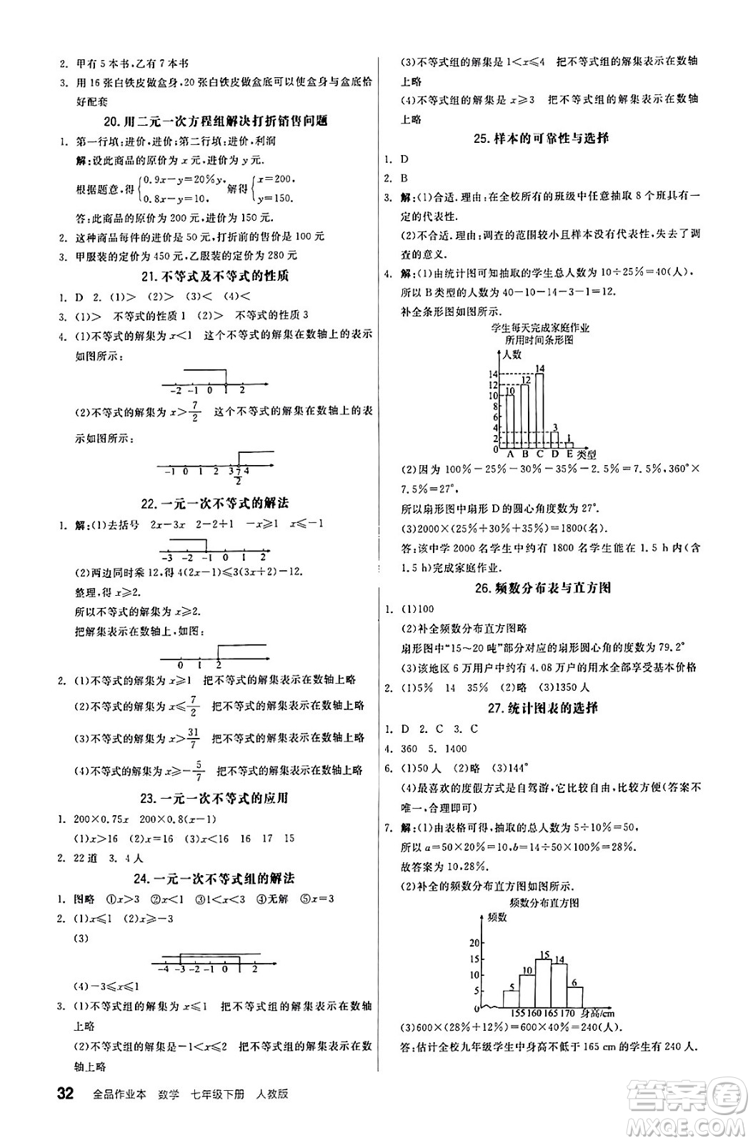 陽(yáng)光出版社2024年春全品作業(yè)本七年級(jí)數(shù)學(xué)下冊(cè)人教版答案