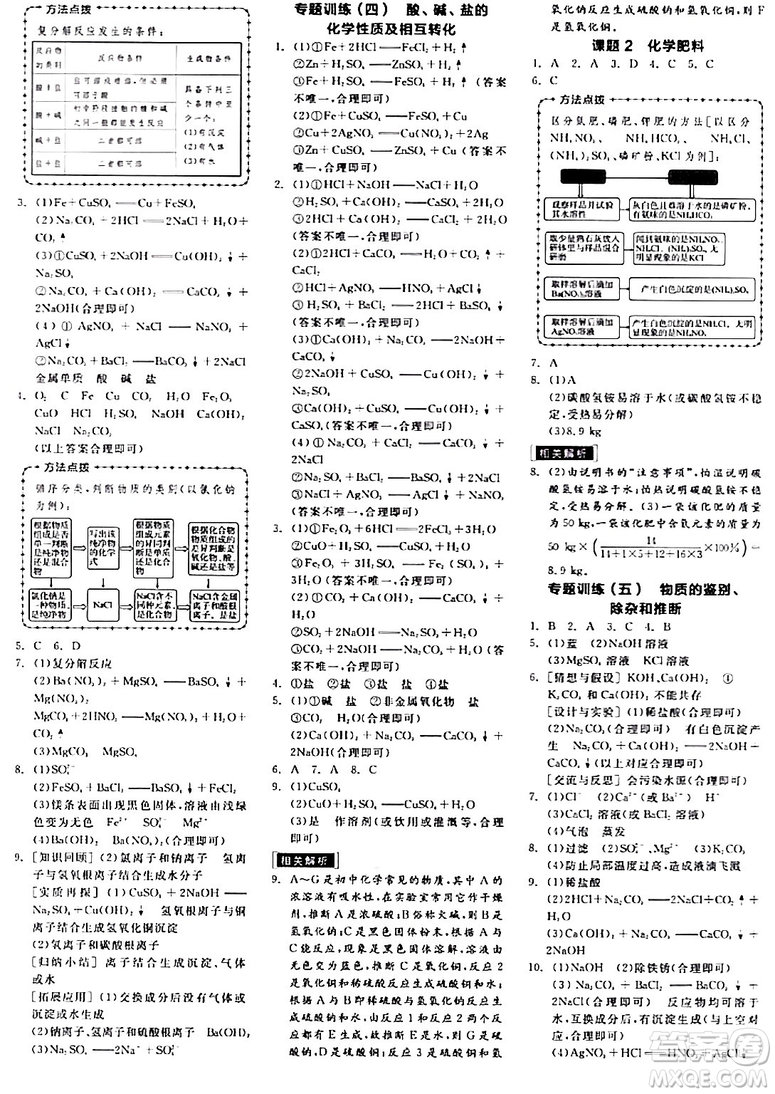 陽光出版社2024年春全品作業(yè)本九年級化學下冊人教版答案