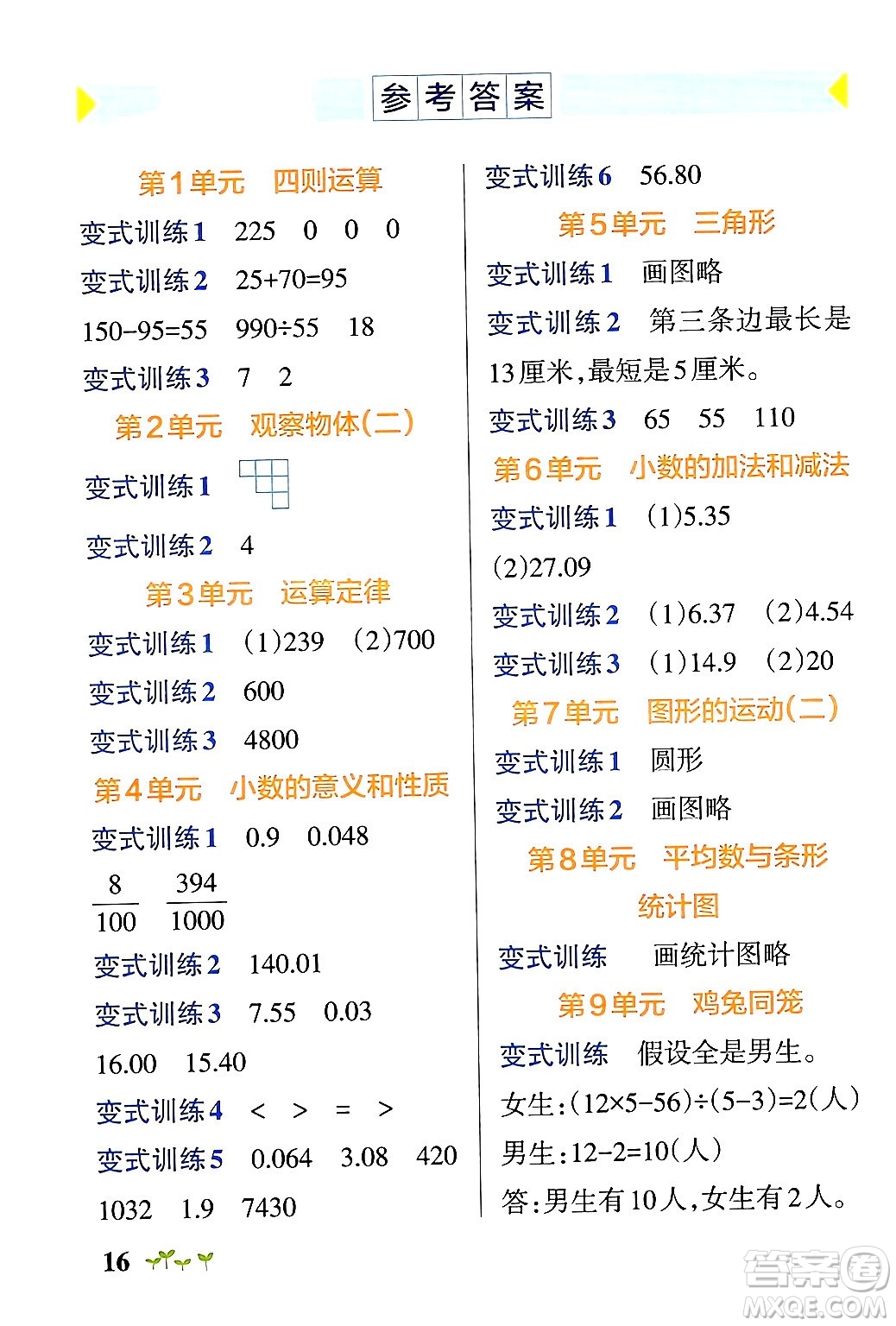 遼寧教育出版社2024年春PASS小學(xué)學(xué)霸作業(yè)本四年級數(shù)學(xué)下冊人教版答案