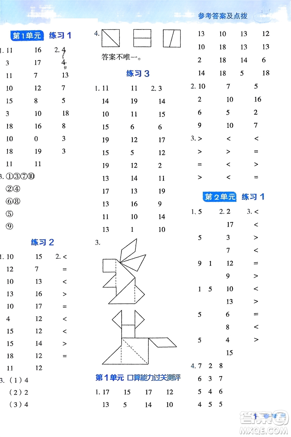 安徽教育出版社2024年春榮德基星級口算天天練一年級數(shù)學下冊人教版參考答案