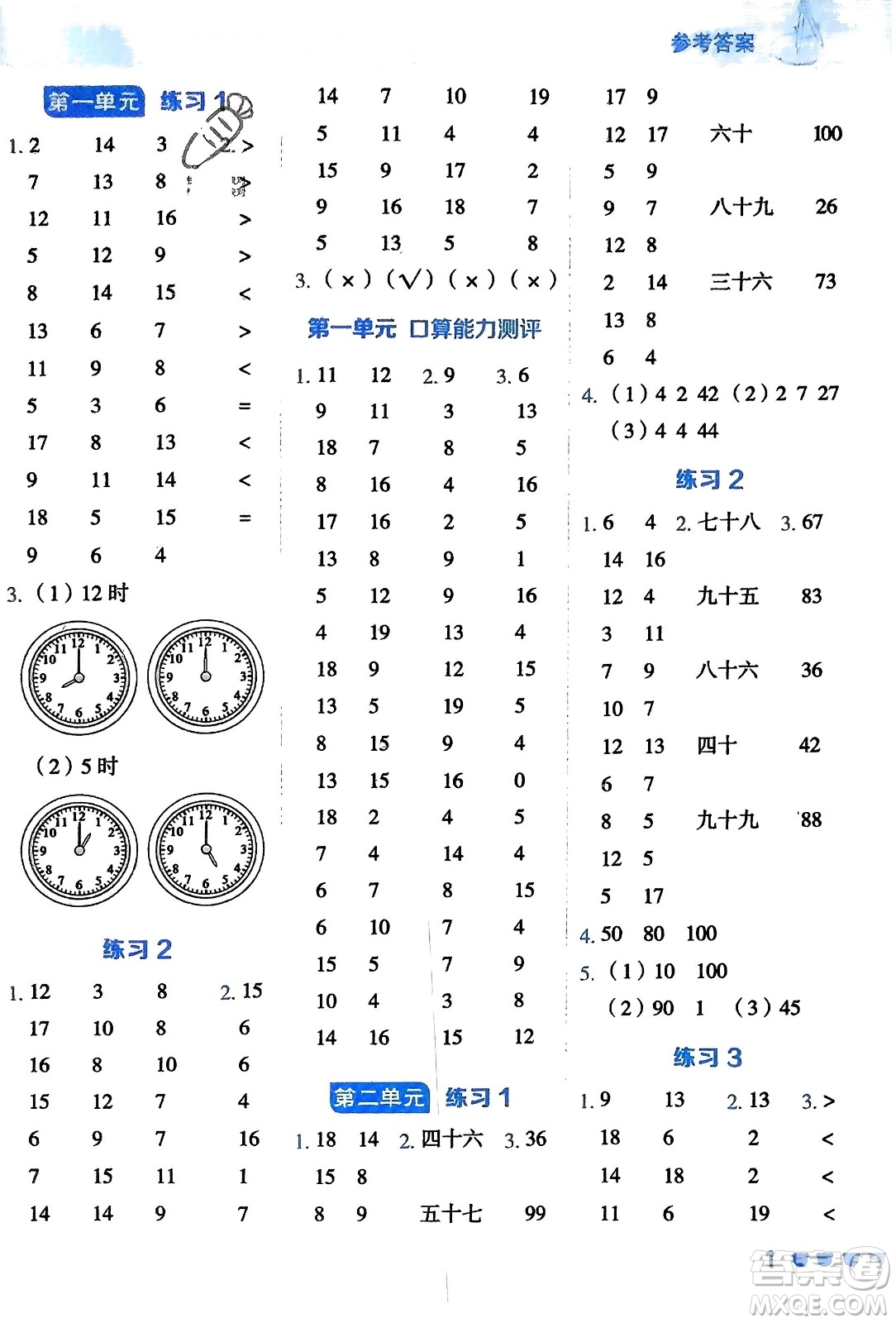 安徽教育出版社2024年春榮德基星級口算天天練一年級數(shù)學(xué)下冊五四學(xué)制青島版參考答案