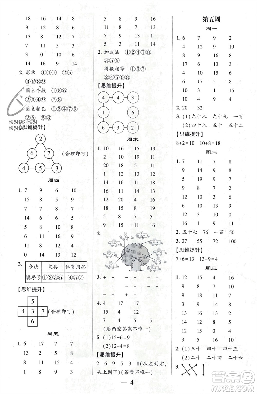 甘肅少年兒童出版社2024年春經(jīng)綸學(xué)典學(xué)霸計算達人一年級數(shù)學(xué)下冊人教版參考答案