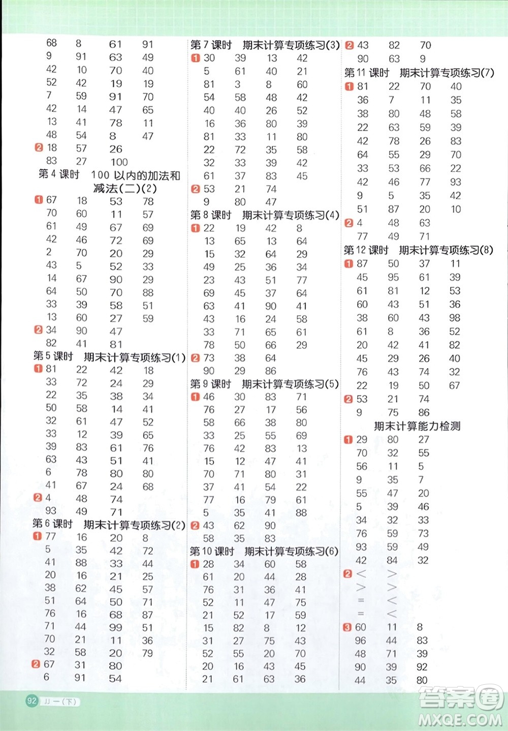 江西教育出版社2024年春陽(yáng)光同學(xué)計(jì)算小達(dá)人一年級(jí)數(shù)學(xué)下冊(cè)冀教版參考答案