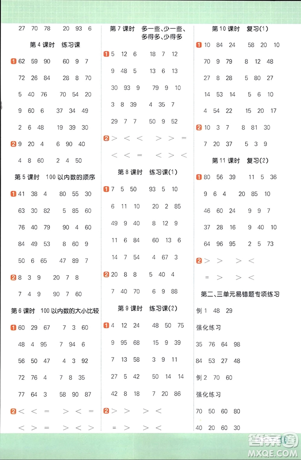 江西教育出版社2024年春陽光同學計算小達人一年級數(shù)學下冊蘇教版參考答案