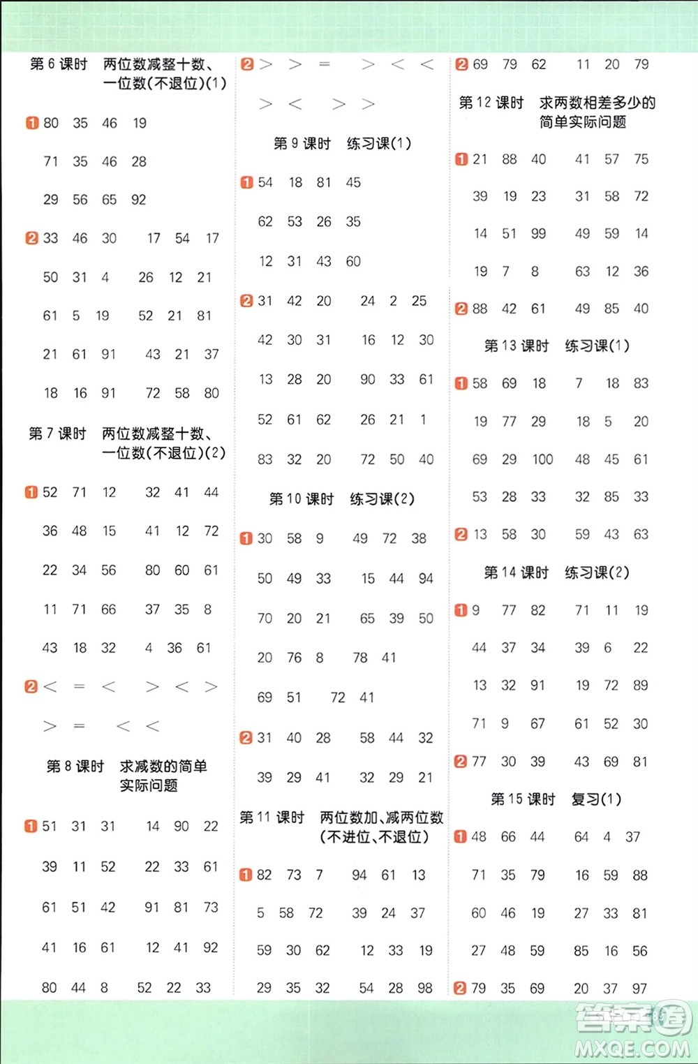 江西教育出版社2024年春陽光同學計算小達人一年級數(shù)學下冊蘇教版參考答案