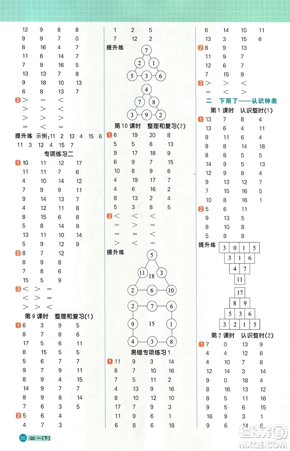 江西教育出版社2024年春陽光同學計算小達人一年級數(shù)學下冊青島版參考答案