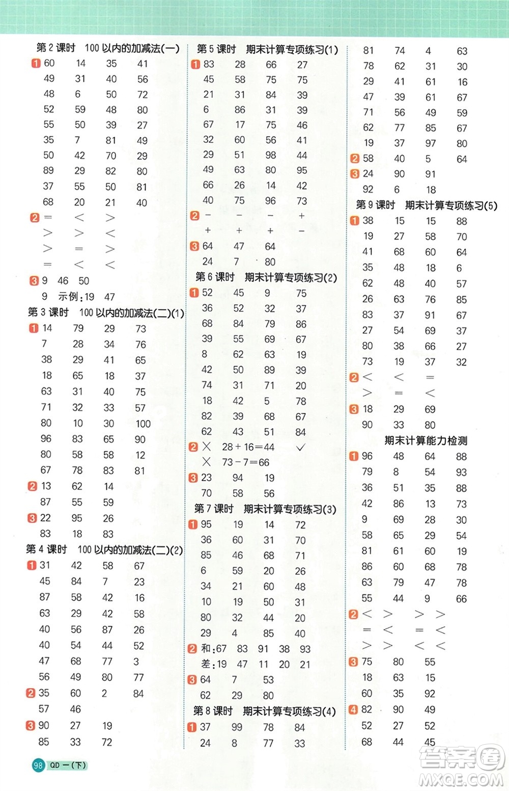 江西教育出版社2024年春陽光同學計算小達人一年級數(shù)學下冊青島版參考答案