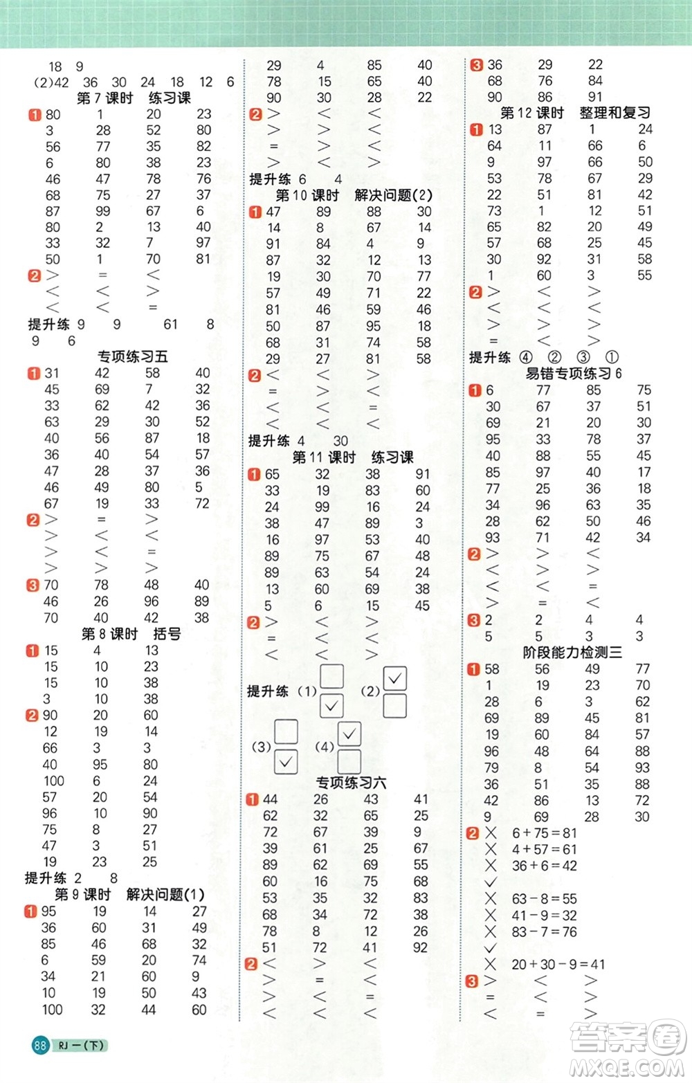 江西教育出版社2024年春陽(yáng)光同學(xué)計(jì)算小達(dá)人一年級(jí)數(shù)學(xué)下冊(cè)人教版參考答案