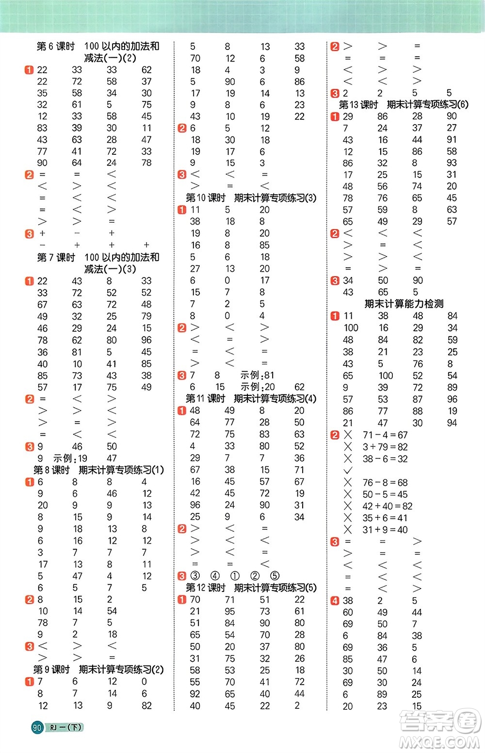 江西教育出版社2024年春陽(yáng)光同學(xué)計(jì)算小達(dá)人一年級(jí)數(shù)學(xué)下冊(cè)人教版參考答案