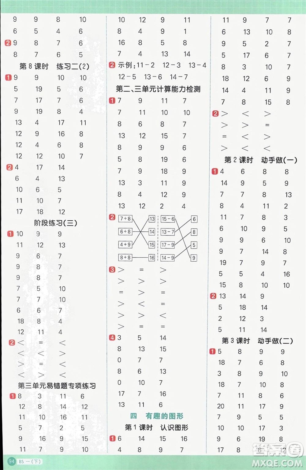 江西教育出版社2024年春陽光同學(xué)計算小達(dá)人一年級數(shù)學(xué)下冊北師大版參考答案